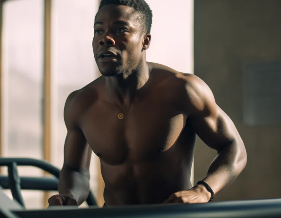 A shirtless man is energetically running on a treadmill in a fitness setting