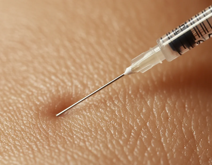 A needle entering skin.