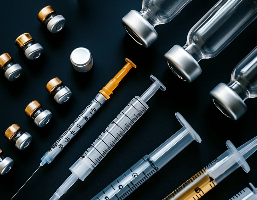 Vials and injections next to each other.