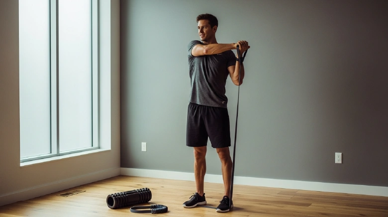 Recovery Focused Athlete Stretching With Support Gear