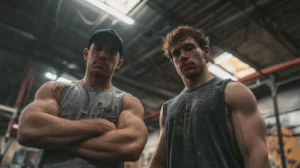 Two lean Caucasian athletes in a gritty gym