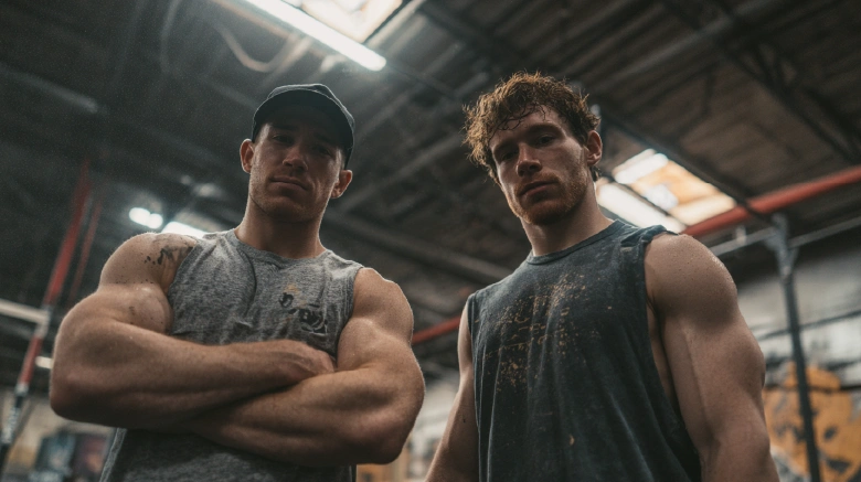 Two lean Caucasian athletes in a gritty gym