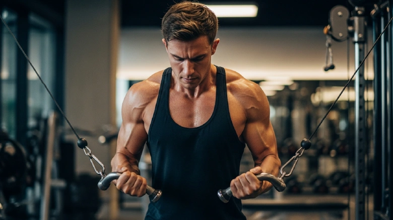 Caucasian Bodybuilder doing workout