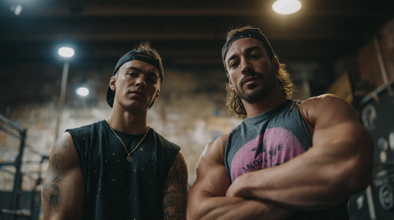 Two Caucasian athletes in a gritty gym