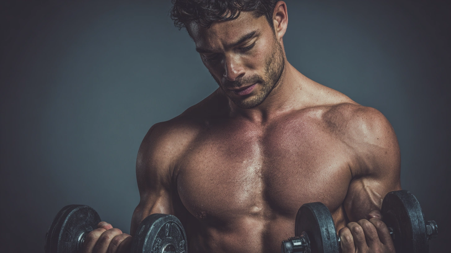 Bearded man using dumbbells