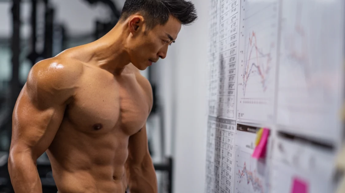 Asian big muscles looking at the chart