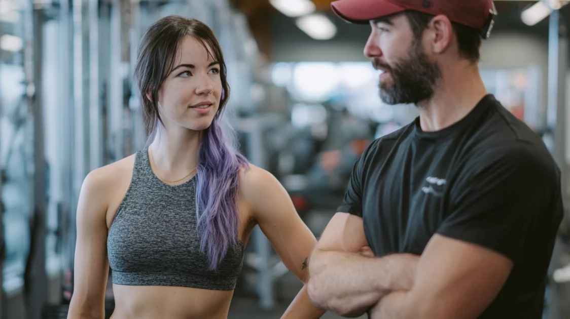 Purple hair girl curios on her coach