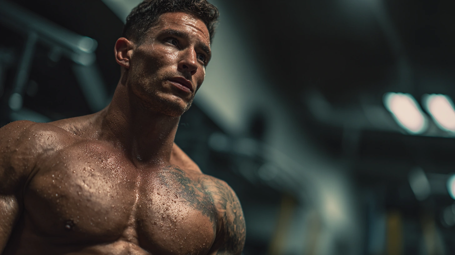 Tattooed man having intense workout