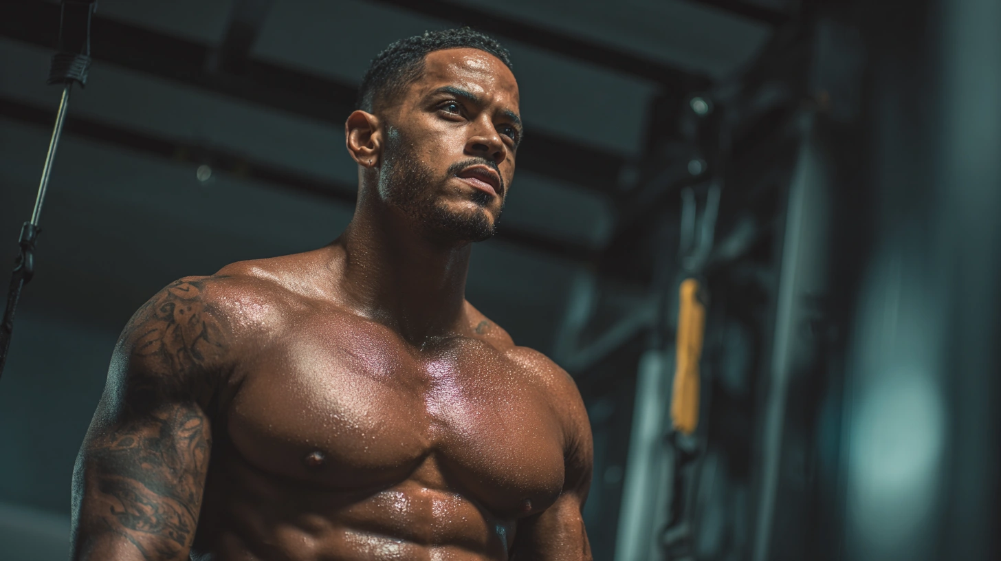 Tattooed man working out at the gym