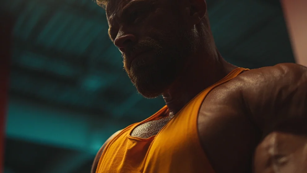 Bodybuilder wearing orange shirt