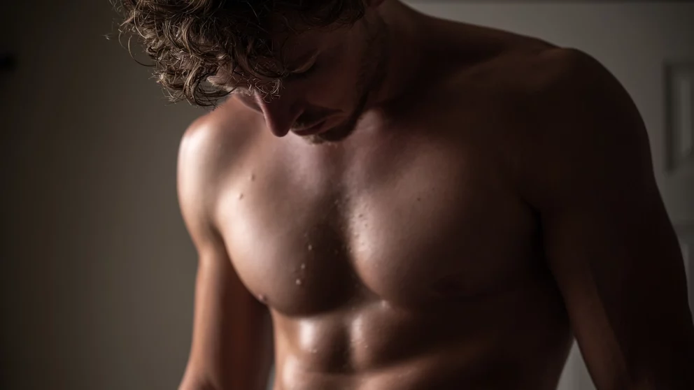 Curly man doubting his body