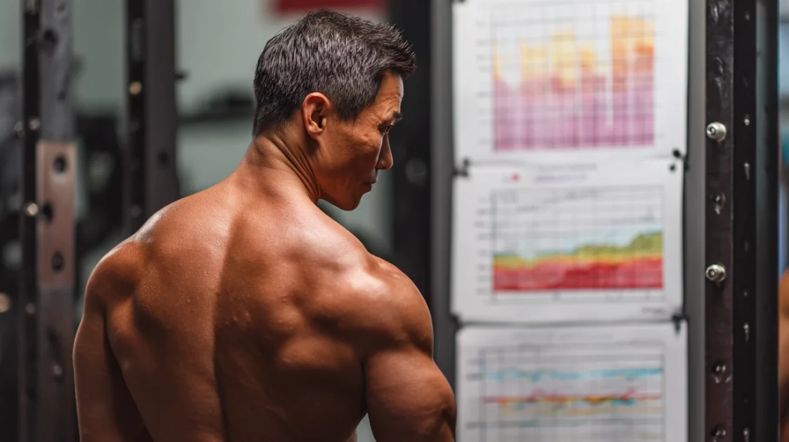 Bodybuilder looking at the graph