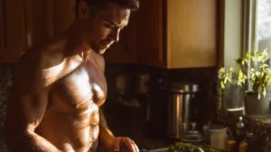 macho man in the kitchen prepping his meal