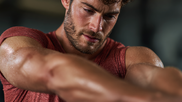man doing tricep stretches as a warm up