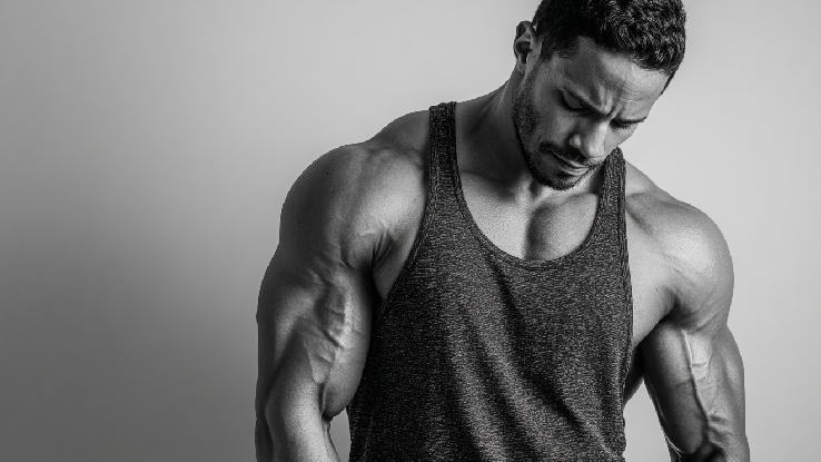 man in a tanktop flexing muscles