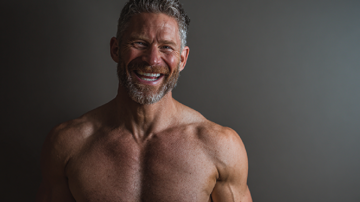 A man smiling confidently showing his muscular upper body after using trusted SARMs supplements.