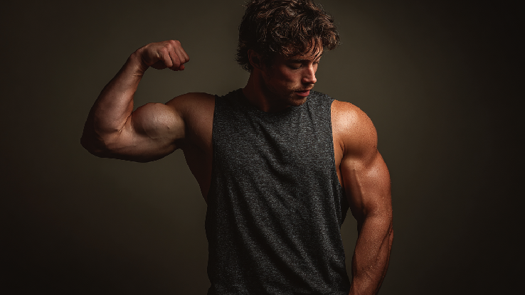 Muscular man flexing arm with dark background, showcasing strength and fitness, representing trusted SARMs products for muscle building and performance enhancement.