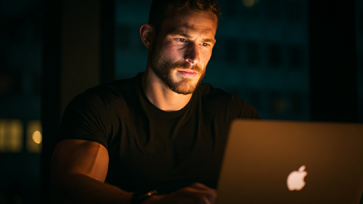 muscular man doing research about peptides while resting at home