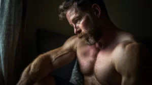 Earth-toned-toned-athletic-man-exercising-at-home-in-dark-ambient-light-mental-focus-bodybuilding-fitness-supplements-healthy-living.