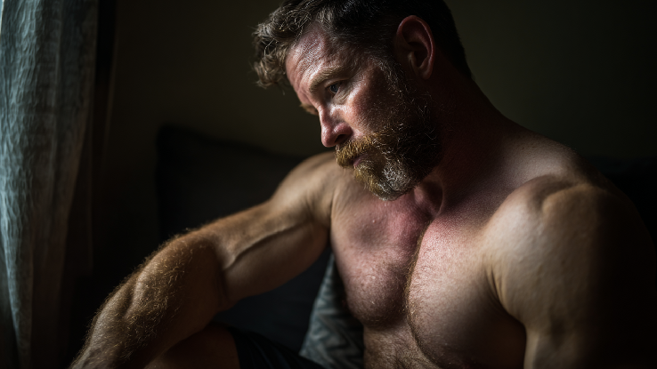 Earth-toned-toned-athletic-man-exercising-at-home-in-dark-ambient-light-mental-focus-bodybuilding-fitness-supplements-healthy-living.