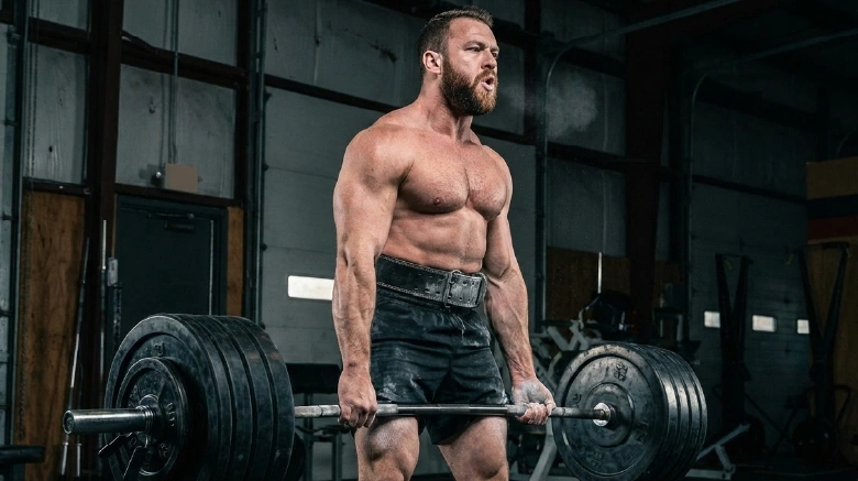 Caucasian Bodybuilder Heavy Compound Lift Strength Focus