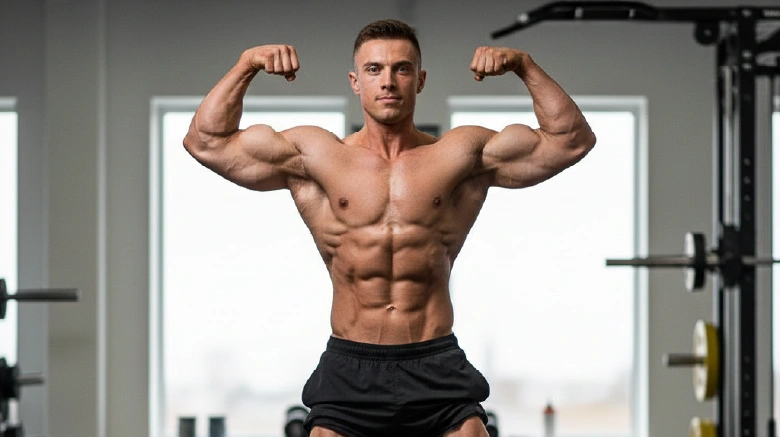 Muscular Bodybuilder Flexing Upper Body Definition