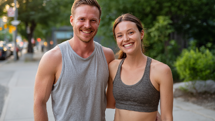 A jogging couple smiling for the camera outdoors