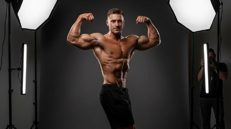 Caucasian body builder doing photoshoot on a studio