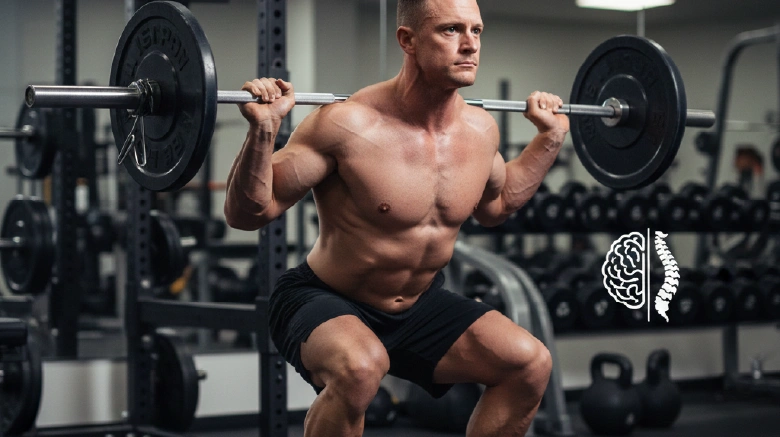 focused athlete in gym doing a controlled barbell squat or farmer’s carry