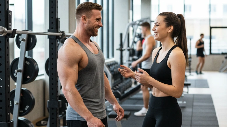 Caucasian Body Builder having social interaction inside the gym