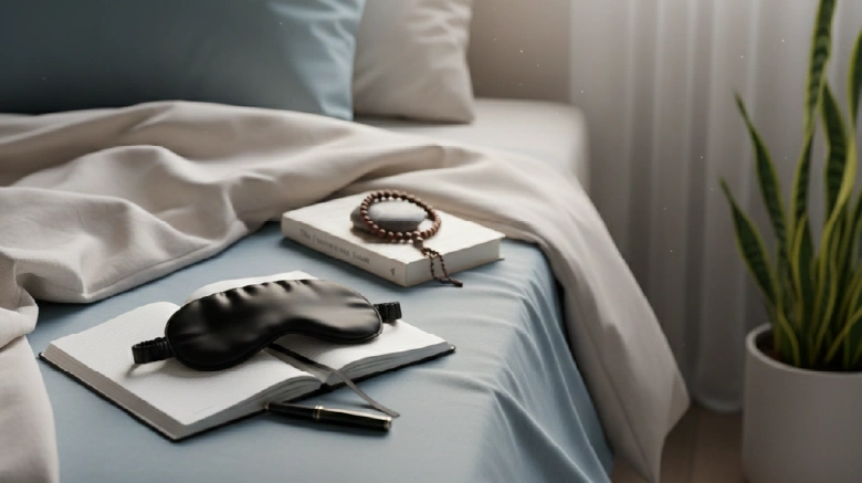 Lifestyle recovery shot calm bedroom scene (sleep mask) or meditationyoga + journal. Tone sustaina