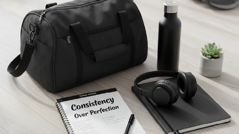 Practical Training Tips Consistency Gym Bag Journal Headphones
