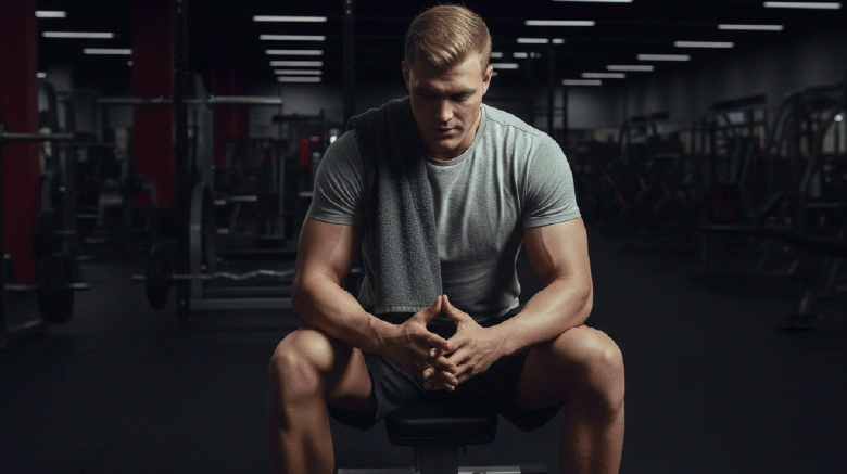Athlete sitting thoughtfully on a bench, hands clasped (represents weighing pros vs cons)