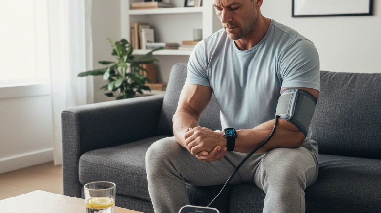 Caucasian Bodybuilder Monitoring Blood Pressure And Health Markers At Home