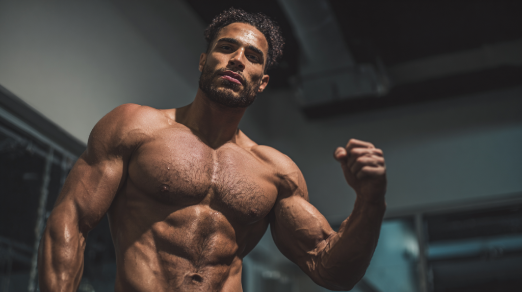 Curly haired bodybuilder flexing